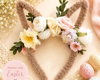 Floral Bunny Ear Headband | Easter Bunny Headband for Girls | Beige Flower Bunny Ears | Easter Egg Hunt Outfit | Spring Hair Accessory