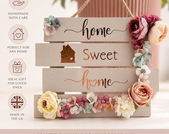 Floral Home Sweet Home Sign | Cottagecore New Home Gift | Personalised Wooden Hanging Plaque | Housewarming Decor
