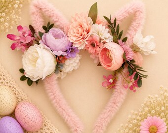 Floral Bunny Ear Headband | Easter Bunny Headband for Girls | Pink Flower Bunny Ears | Easter Egg Hunt Outfit | Spring Hair Accessory