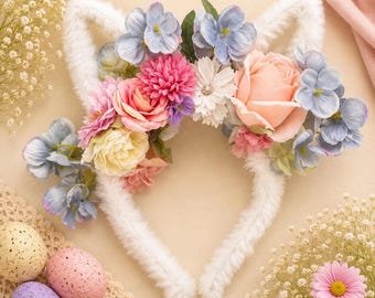 Floral Bunny Ear Headband | Easter Bunny Headband for Girls | White Flower Bunny Ears | Easter Egg Hunt Outfit | Spring Hair Accessory