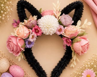 Floral Bunny Ear Headband | Easter Bunny Headband for Girls | Black Flower Bunny Ears | Easter Egg Hunt Outfit | Spring Hair Accessory