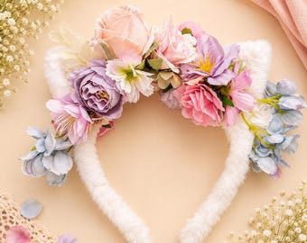 Floral Cat Ear Headband, Flower Crown Ears, Fairy Costume Headpiece, Cute Fluffy Ears, Festival Headband, Dress Up Accessory