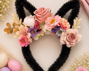 Floral Bunny Ear Headband | Easter Bunny Headband for Girls | Black Flower Bunny Ears | Easter Egg Hunt Outfit | Spring Hair Accessory