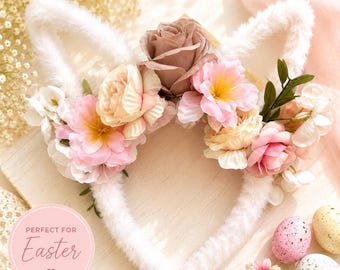 Floral Bunny Ear Headband | Easter Bunny Headband for Girls | White Flower Bunny Ears | Easter Egg Hunt Outfit | Spring Hair Accessory