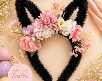 Floral Bunny Ear Headband | Easter Bunny Headband for Girls | Black Flower Bunny Ears | Easter Egg Hunt Outfit | Spring Hair Accessory