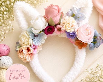 Floral Bunny Ear Headband | Easter Bunny Headband for Girls | White Flower Bunny Ears | Easter Egg Hunt Outfit | Spring Hair Accessory