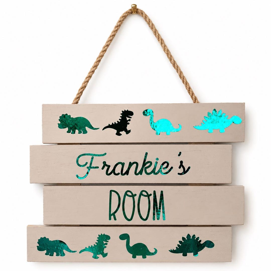 Personalised Dinosaur Room Sign | Custom Wooden Nursery Name Plaque ...