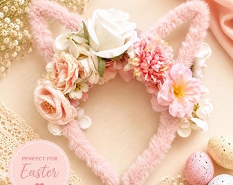 Floral Bunny Ear Headband | Easter Bunny Headband for Girls | Pink Flower Bunny Ears | Easter Egg Hunt Outfit | Spring Hair Accessory