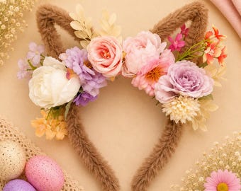 Floral Bunny Ear Headband | Easter Bunny Headband for Girls | Beige Flower Bunny Ears | Easter Egg Hunt Outfit | Spring Hair Accessory