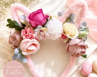 Floral Bunny Ear Headband | Easter Bunny Headband for Girls | Pink Flower Bunny Ears | Easter Egg Hunt Outfit | Spring Hair Accessory