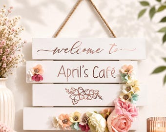 Personalised Wooden Welcome Sign | Floral Hanging Plaque | Cottagecore Home Decor | Boutique Shop Sign | New Home Gift