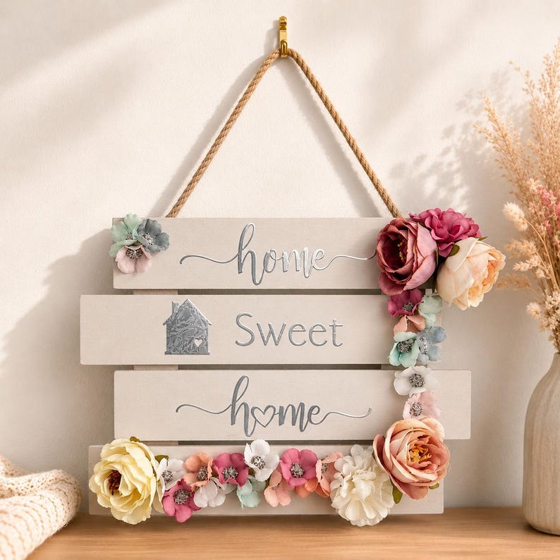 May include: A cream-colored wooden sign with the words "home sweet home" in silver script, adorned with a house graphic and colorful faux flowers. The sign is suspended by a rope and is a decorative item.