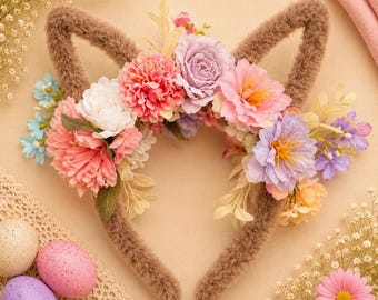 Floral Bunny Ear Headband | Easter Bunny Headband for Girls | Beige Flower Bunny Ears | Easter Egg Hunt Outfit | Spring Hair Accessory