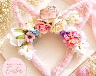 Floral Bunny Ear Headband | Easter Bunny Headband for Girls | Pink Flower Bunny Ears | Easter Egg Hunt Outfit | Spring Hair Accessory