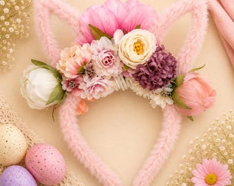 Floral Bunny Ear Headband | Easter Bunny Headband for Girls | Pink Flower Bunny Ears | Easter Egg Hunt Outfit | Spring Hair Accessory