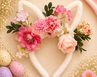 Floral Bunny Ear Headband | Easter Bunny Headband for Girls | White Flower Bunny Ears | Easter Egg Hunt Outfit | Spring Hair Accessory