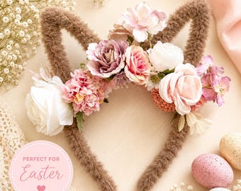 Floral Bunny Ear Headband | Easter Bunny Headband for Girls | Beige Flower Bunny Ears | Easter Egg Hunt Outfit | Spring Hair Accessory