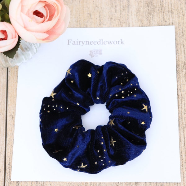 Velvet hair scrunchies | Shiny Gold stars | Hair accessories for woman | Birthday gift | Hair Fashion | Hair ties elastics | Deep dark blue
