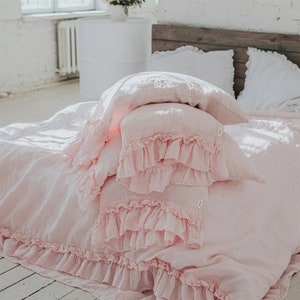 Pink LINEN Duvet Cover . Linen bedding set . King Queen linen Ruffled duvet cover with ruffles. Softened and washed linen set.