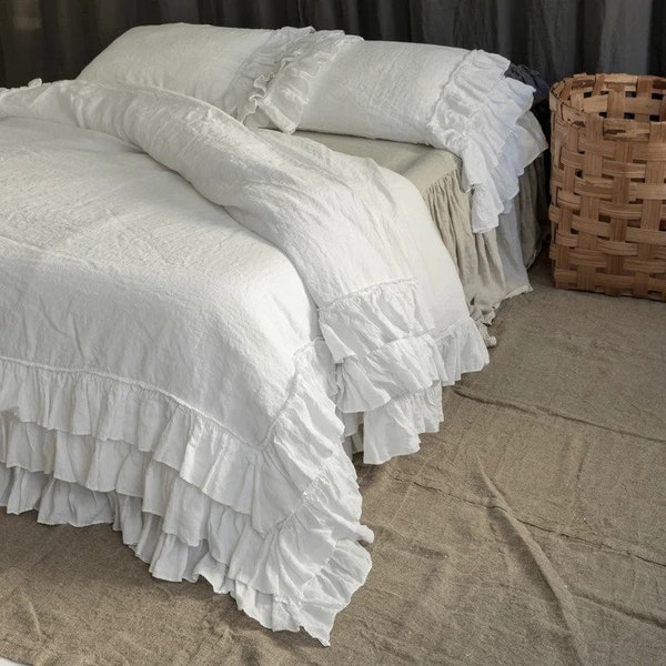 Cotton Linen Duvet Cover . Linen bedding set .King Queen linen Ruffled duvet cover with ruffles. Softened and washed linen set.