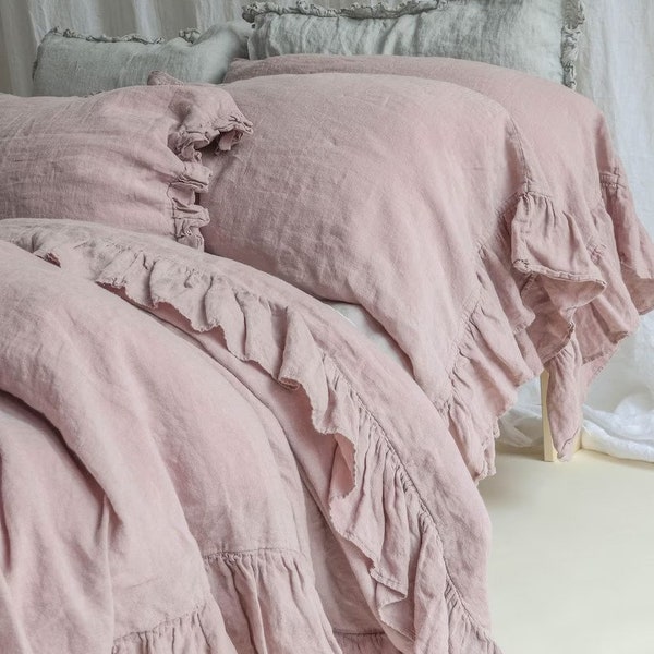 Cotton Linen Duvet Cover . Linen bedding set . Shabby linen Ruffled duvet cover with ruffles. Softened and washed Linen set.