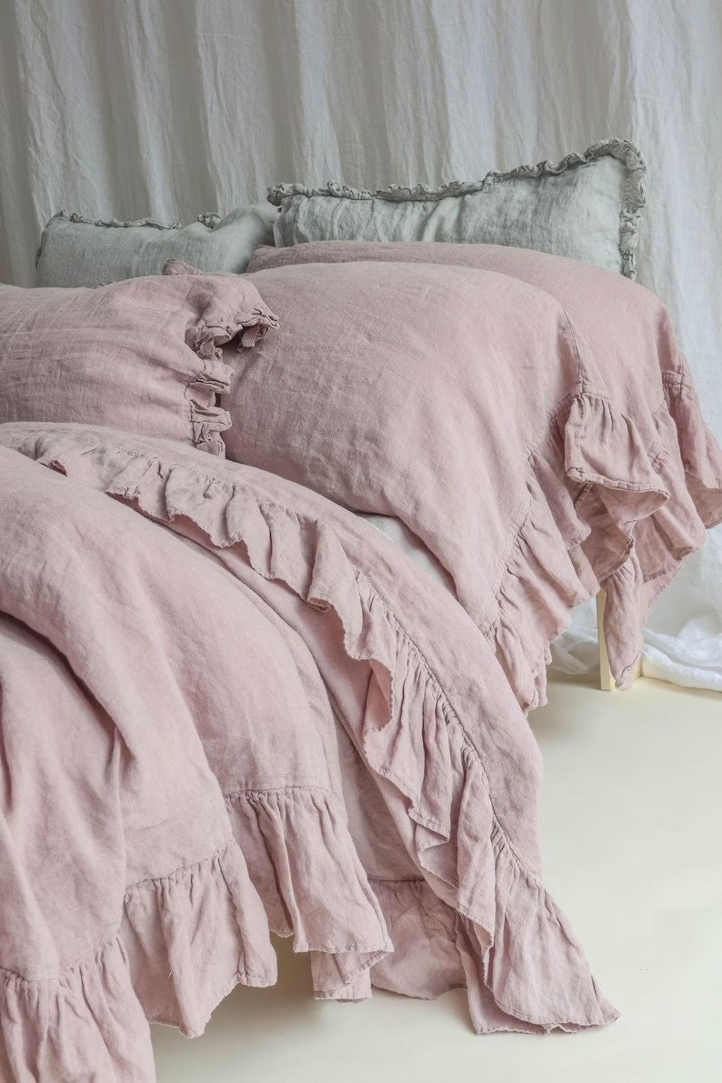 Cotton Linen Duvet Cover . Linen bedding set . Shabby linen Ruffled duvet cover with ruffles. Softened and washed Linen set. image 1