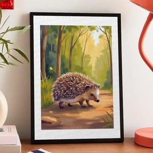 Impresión artística de bosque de erizos, estilo cottagecore, animal del bosque, arte de pared para guardería, ilustración caprichosa de animales, regalo para amantes de la naturaleza, obra de arte de vida silvestre