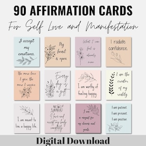 90 tarjetas de afirmación positiva para la motivación diaria y el crecimiento personal / Tarjetas imprimibles para el amor propio y la manifestación / Tarjetas de atención plena