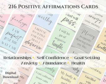 May include: A set of 216 affirmation cards with a variety of positive messages. The cards are colorfully designed with pastel colors and feature categories such as relationships, self-confidence, goal setting, anxiety, abundance, and health.