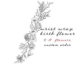 Födelseblomma-tatueringsdesign: Familjebukett-handledslinda (digital nedladdning i A4-format)