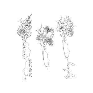 Baby Side Profile,Birth Flower Name Minimal Tattoo Design,Birth Flower Portraits Mother and Child Minimalist Flower Design / up to 3 Flowers