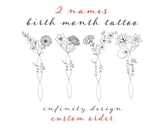 Custom Birth Month Flower Tattoo Design: Personalized Names , 2 Names With Color (Digital Download)