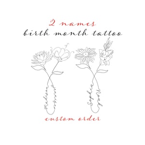 Custom Name Design , Line Art Birth Flower Tattoo Design, Couple Family Personalized Tattoo Design, 2 Names Birth Month Flowers Tattoo Art