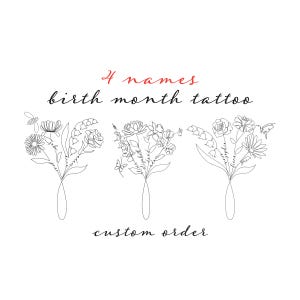 4 Names Birth Month Flowers Tattoo Art , Custom Name Design , Line Art Birth Flower Tattoo Design, Line Drawing Tattoo Design