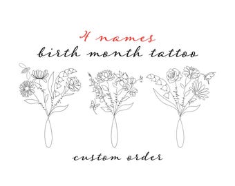 Birth Month Flower Tattoo Design: Custom Line Art , 4 Names (Digital File Only)