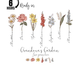 May include: A floral design with the text "Grandma's Garden" and "Love grows here." The image features various flowers, each labeled with a name. The text "Ready in 6 hours" is also present.