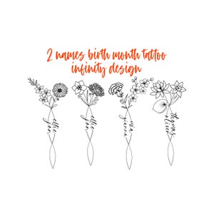 2 noms, mois de naissance, fleurs, tatouage, création de nom personnalisé, conception de tatouage à l'infini, conception de tatouage personnalisée pour couple, famille