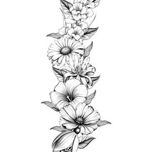 May include: Black and white floral illustration featuring a vertical arrangement of various flowers and leaves. The design includes daisies, lilies, hibiscus, and other blossoms, all rendered with detailed shading.