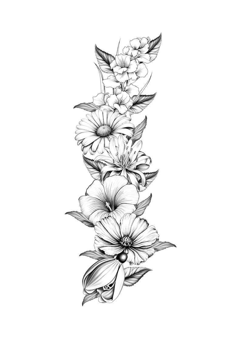 May include: Black and white floral illustration featuring a vertical arrangement of various flowers and leaves. The design includes daisies, lilies, hibiscus, and other blossoms, all rendered with detailed shading.