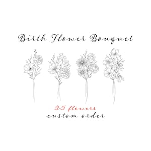 Custom Birth Flower Bouquet, Family Birth Month Tattoo Design, Flower Bouquet Print, Floral Tattoo Design,2-5 Flowers, Minimalist Print Gift