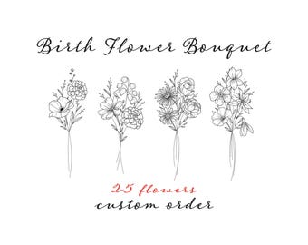 Benutzerdefinierte Geburt Blumenstrauß Tattoo Design, 2-5 Blumen, minimalistisch druckbar (digitaler Download)