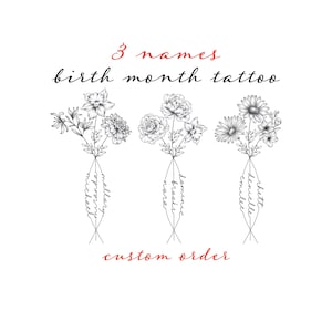 Custom Birth Flower Tattoo Design: 3 Names Floral Bouquet (Digital Download)