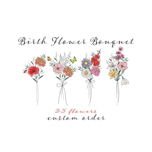 Custom Birth Flower Bouquet With Color , Family Birth Month Tattoo Design, Flower Bouquet Print, ,2-5 Flowers, Minimalist Print Gif