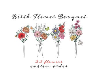 Custom Birth Flower Bouquet Tattoo Design , 2-5 Flowers , With Color , Minimalist Printable (Digital Download)