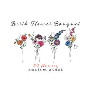 Custom Birth Flower Bouquet With Color , Family Birth Month Tattoo Design, Flower Bouquet Print, ,2-5 Flowers, Minimalist Print Gif