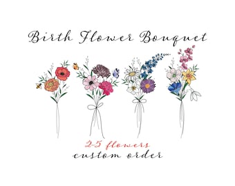 Custom Birth Flower Bouquet Tattoo Design , 2-5 Flowers , With Color , Minimalist Printable (Digital Download)