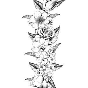 May include: Black and white floral illustration featuring a variety of flowers, including a tulip, cherry blossom, rose, and daffodil. The detailed drawing showcases the different textures and shapes of the flowers and leaves.