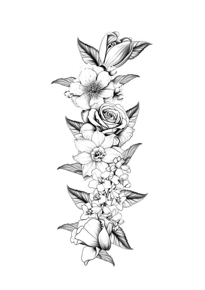 May include: Black and white floral illustration featuring a variety of flowers, including a tulip, cherry blossom, rose, and daffodil. The detailed drawing showcases the different textures and shapes of the flowers and leaves.