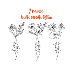 2 Names Birth Month Flowers Tattoo Art , Custom Name Design , Line Art Birth Flower Tattoo Design, Couple Family Personalized Tattoo Design