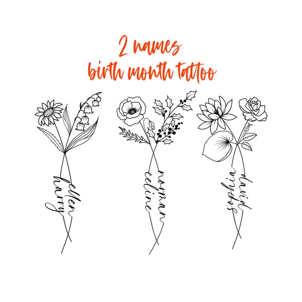 2 Names Birth Month Flowers Tattoo Art , Custom Name Design , Line Art Birth Flower Tattoo Design, Couple Family Personalized Tattoo Design